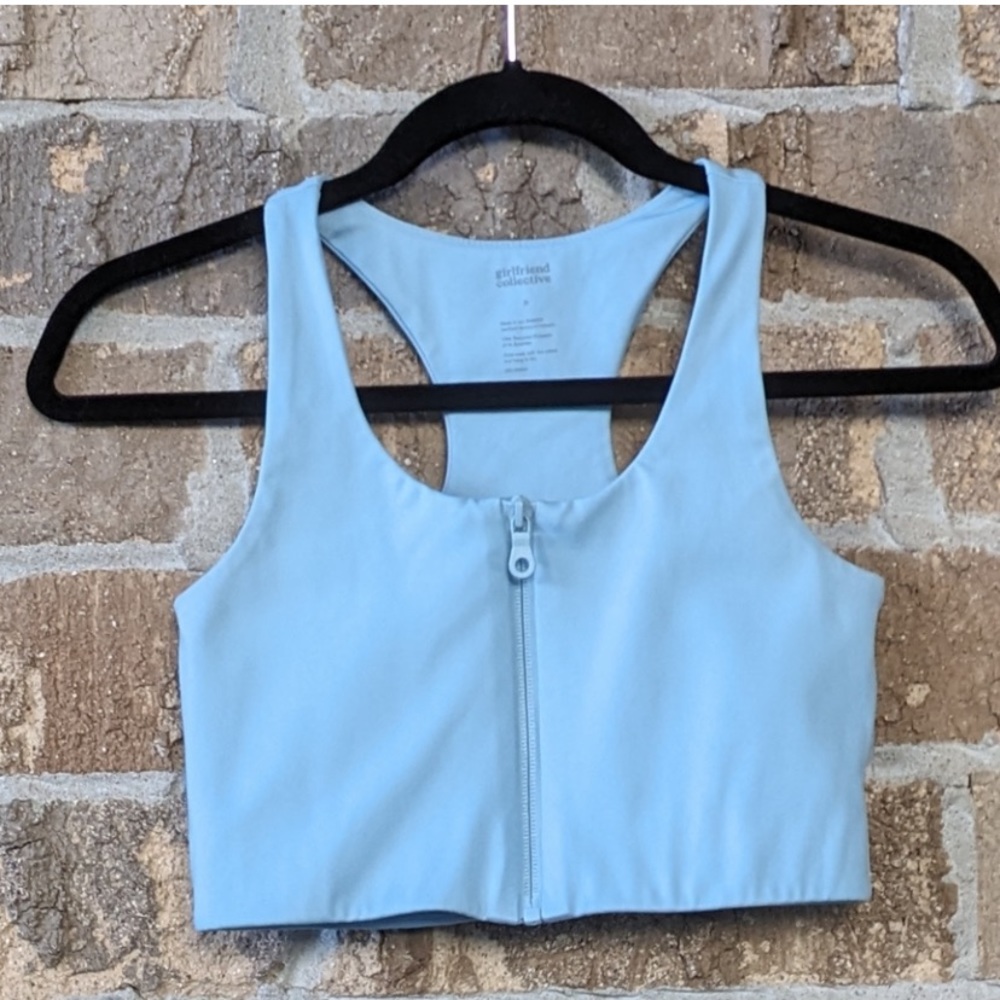 Girlfriend Collective Pale Blue Sky Zip Front Paloma Bra Size Small